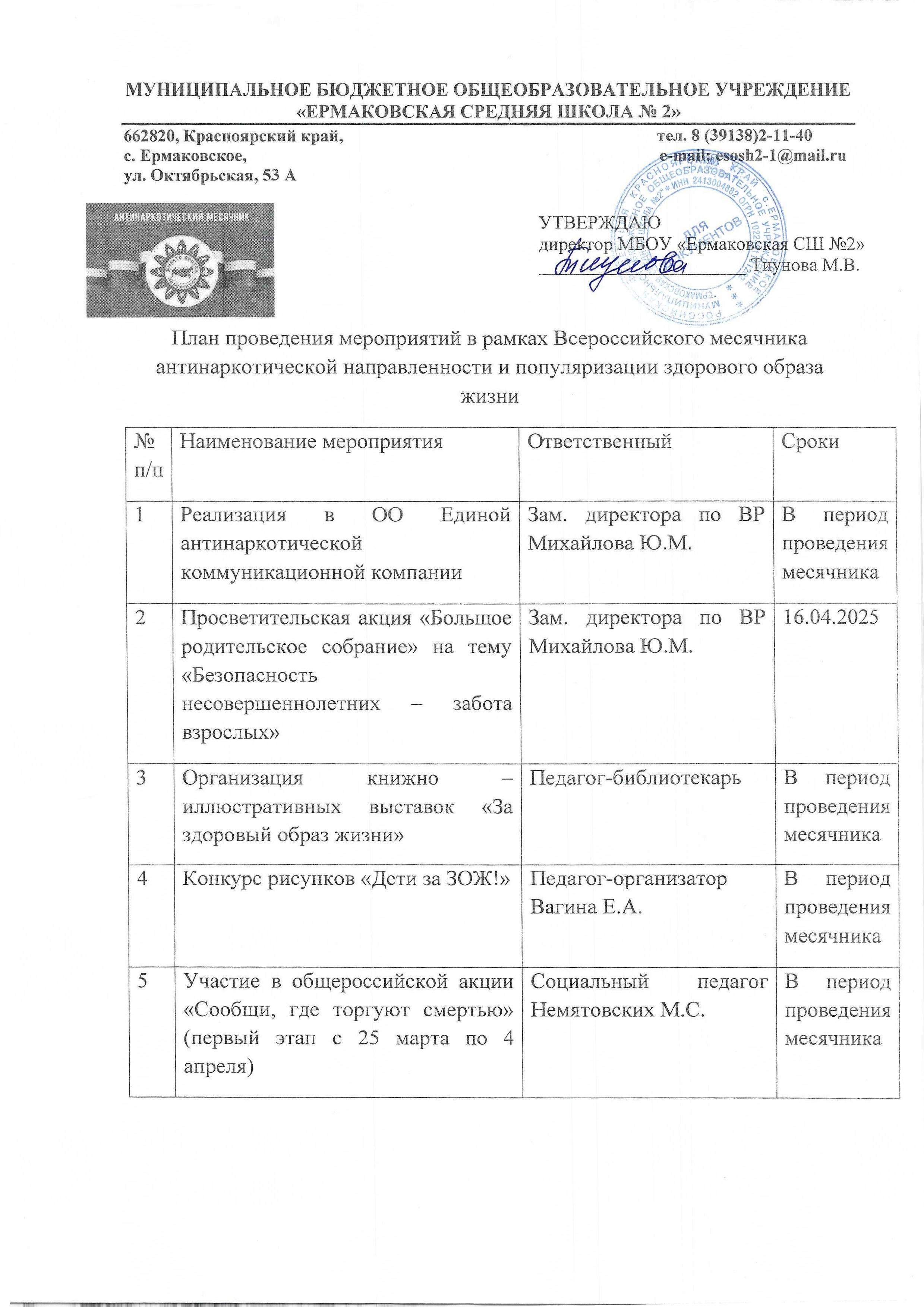 ​План проведения мероприятий в рамках Всероссийского месячника антинаркотической направленности и популяризации здорового образа жизни.